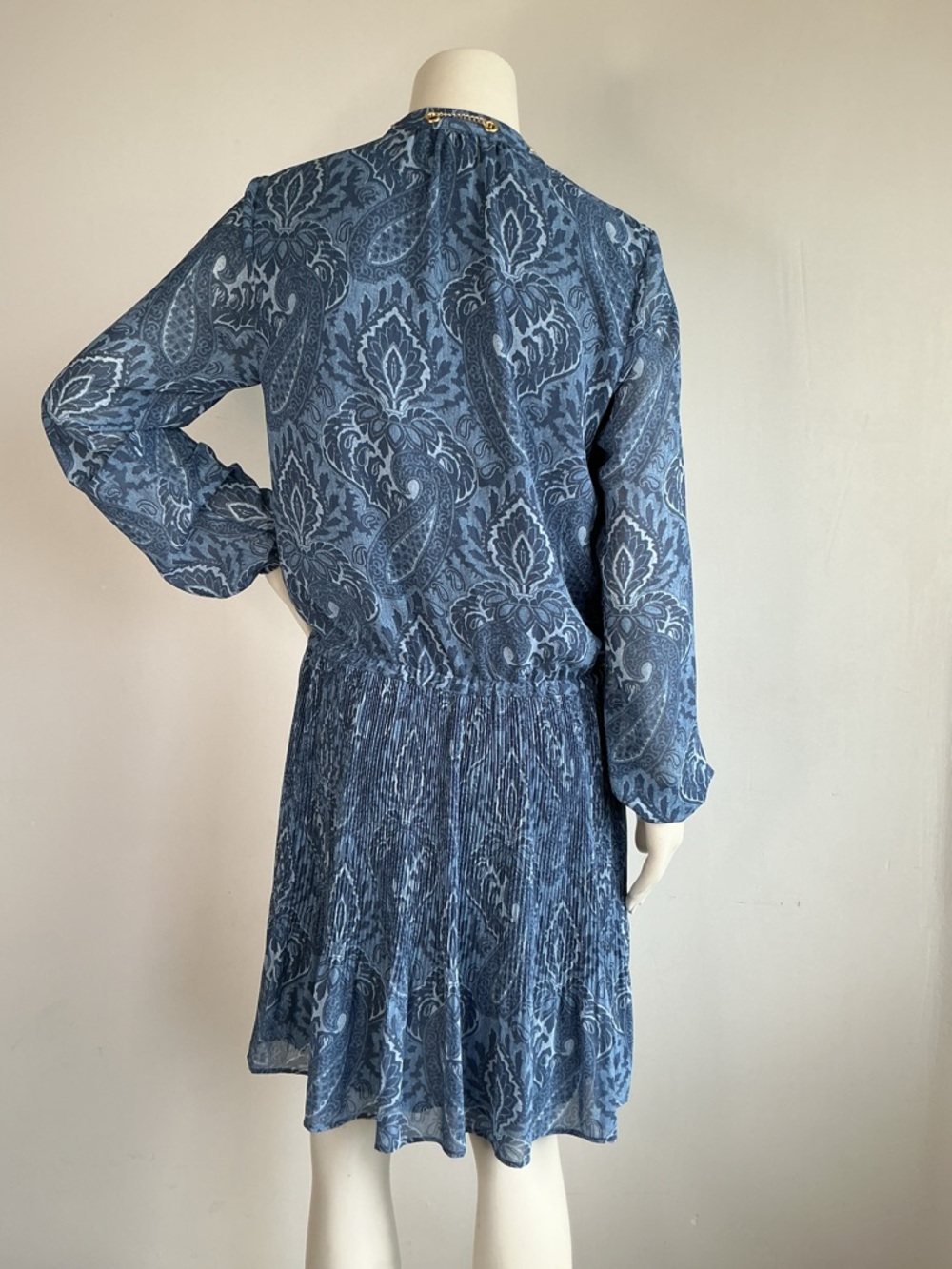 Cerulean Blue Paisley Dress Chain Neck Long Sleeve Pleated Skirt M Elegant - Picture 3 of 6